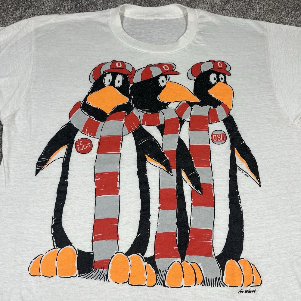 Rare Vintage 80s Ohio State Buckeyes Cartoon Penguins Paper Thin OSU T Shirt L - Picture 3 of 9
